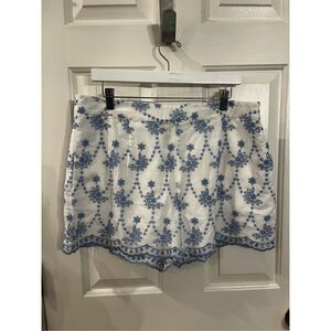 Aqua White High Waist Shorts with Blue Embroidery